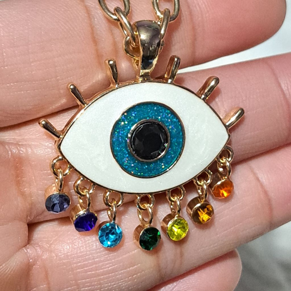 Women's Necklace, One Size, Gold Multi-color Evil Eye Rainbow Color Pendant